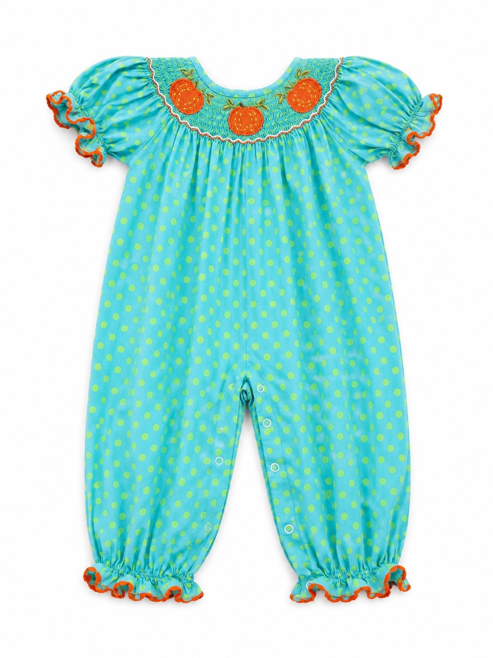 Busy Bees SmockedGirls' Turquoise Polka Dot One-Piece with Orange Pumpkin Detail